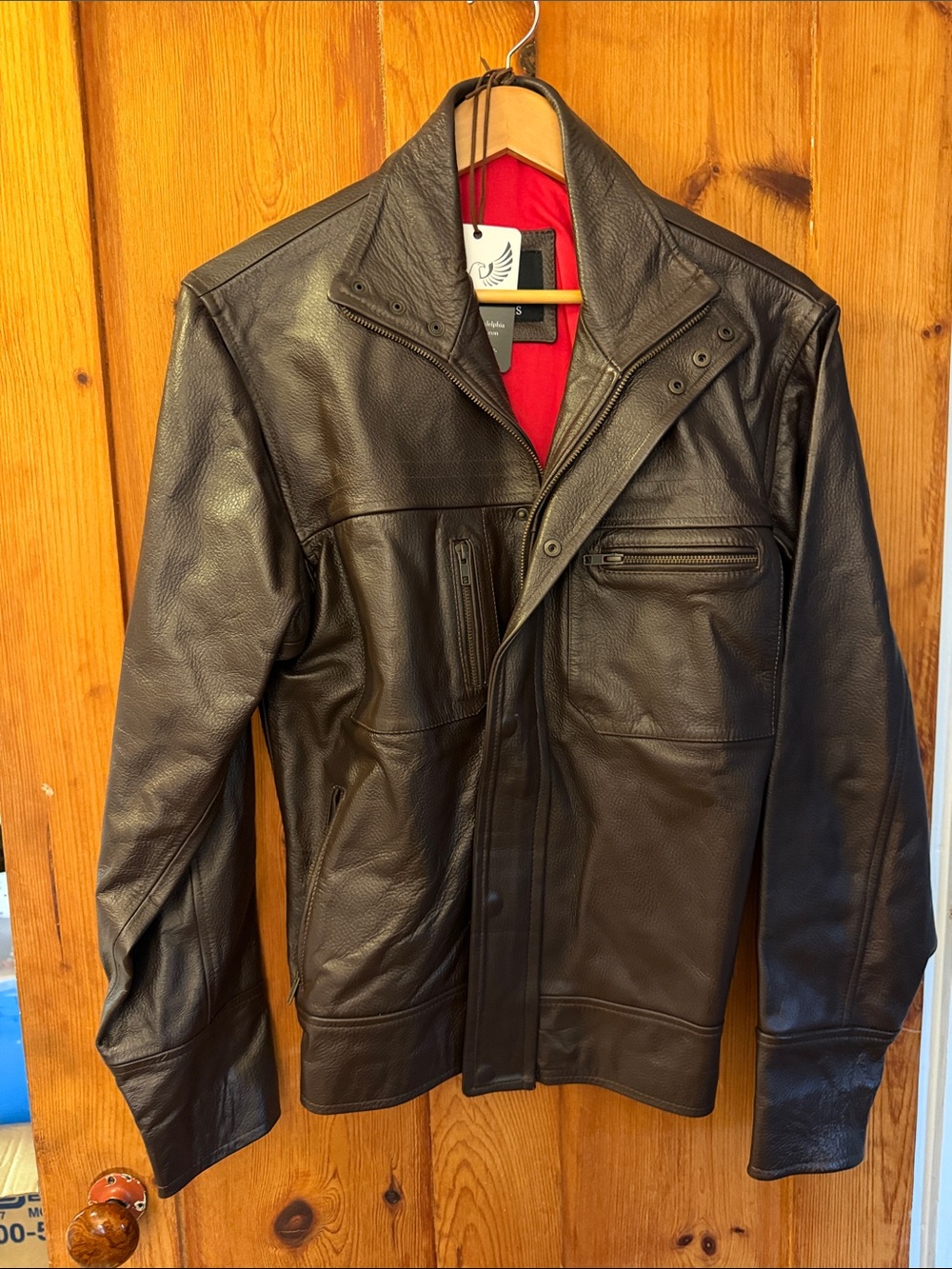 Men's Black Leather Jacket with Red Lining (men’s size 44 jacket)